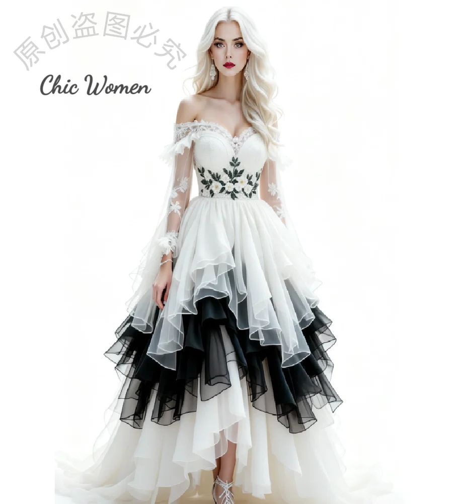 페어리코어 흑백 고딕 웨딩 드레스 2026 긴 소매 계층형 의상 중세 신부 드레스 빅토리아 르네상스 신부
