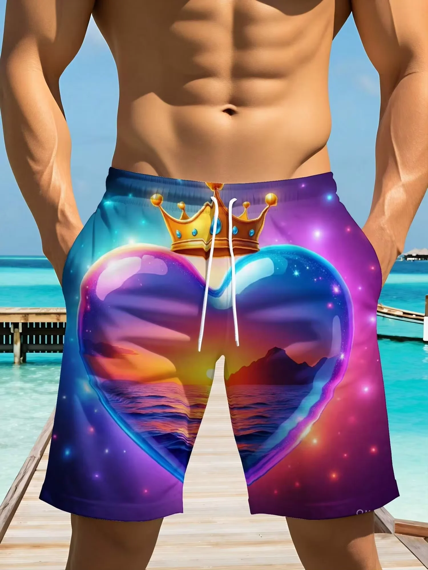 

2026 Summer New Style Men's Outdoor Beach Casual Sportswear Shorts With Heart Crown Design And Cosmic Ocean Scene For Vacation And Poolside Activities 3D Printing Suitable For Beach Parties And Leisure Time Fabric Soft And Comfortable