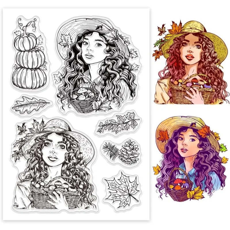 1Sheet Lady Clear Stamps Autumn Pumpkin Silicone Clear Stamp Seals Maple Leaves Transparent Stamps for DIY Scrapbooking Cards