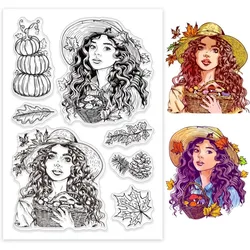 1Sheet Lady Clear Stamps Autumn Pumpkin Silicone Clear Stamp Seals Maple Leaves Transparent Stamps for DIY Scrapbooking Cards