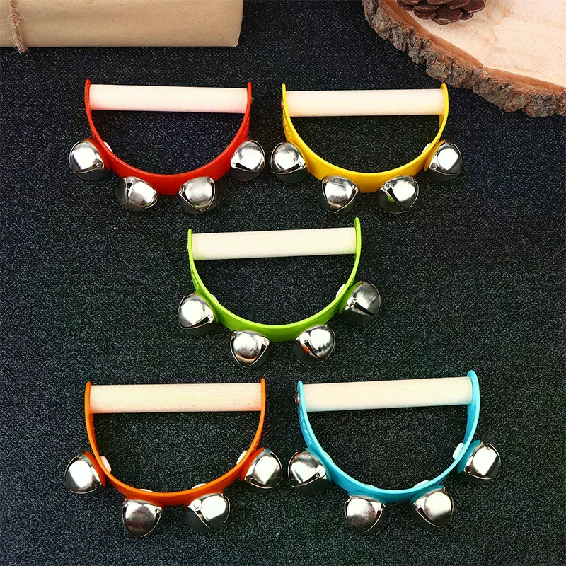 Wooden Half Round Hand Ringing Bell Children Tambourine Musical Orff Instruments Clapper Handle Educational Fun Toys