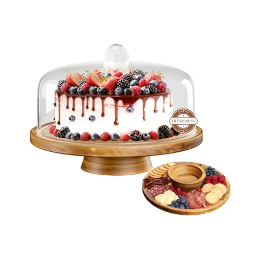 

Glass Cake Stand with Dome 12" Acacia Wood Cake Stand with Lid 2 in 1 Serving Platter for Dessert Table Display Charcuterie Boa