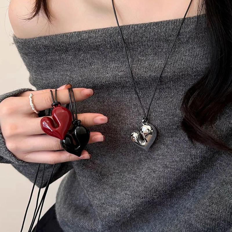 Ho1Pc Fashion Irregular Heart Pendant Necklace For Women Girls Sweet Adjustable Pull-out Sweater Chain Jewelry Accessories Gifts
