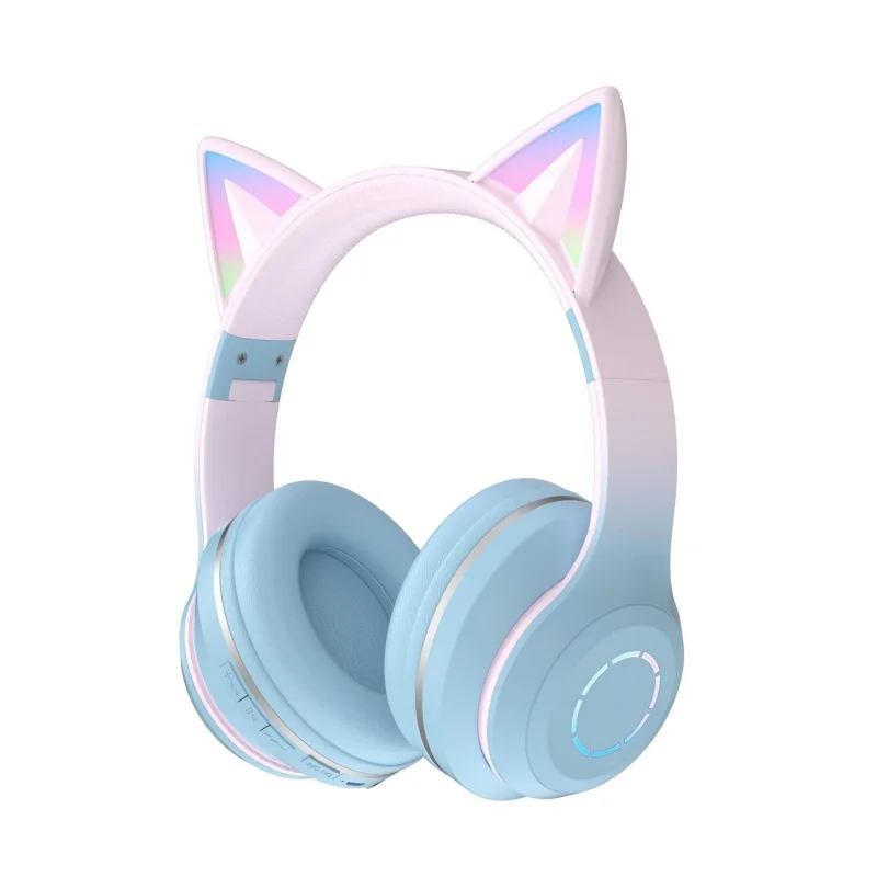 2024 New Macaroon Cat Ears Shiny Head-mounted Music Bluetooth Wireless Headset Game Live Competition High-end Earmuffs Headphone