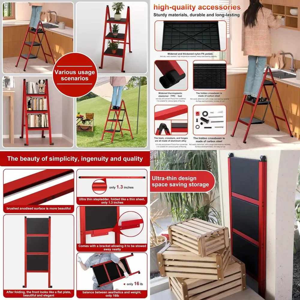 

Aluminum Lightweight Folding 3-Step Ladder, Heavy-Duty 400 lbs, Anti-Slip Treads, Space-Saving for Home, Kitchen, Office Use (Re