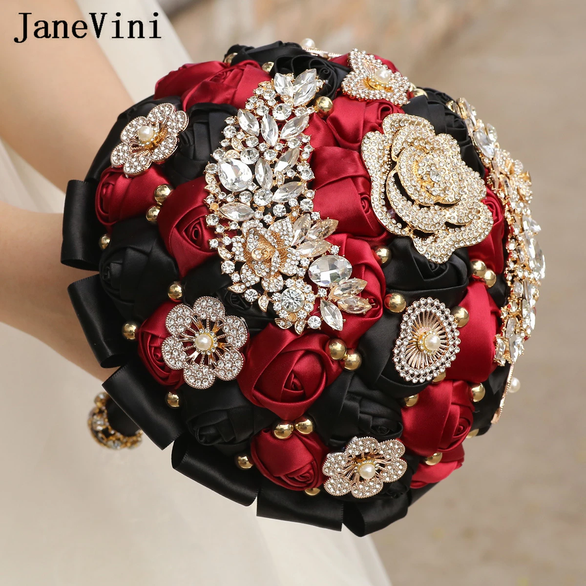 

JaneVini Luxury Black Dark Red Rose Wedding Bouquet Bride Flowers Handmade Custom Rhinestones Crystal Bridal Bridesmaid Bouquets