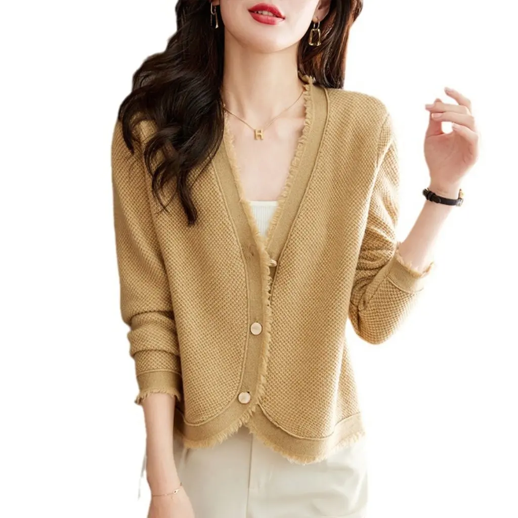 

Women's Korean Style Tassel Solid Color Sweater Loose Knitted Cardigan Jacket Soft Waxy Early Autumn Fashionable Age-Reducing