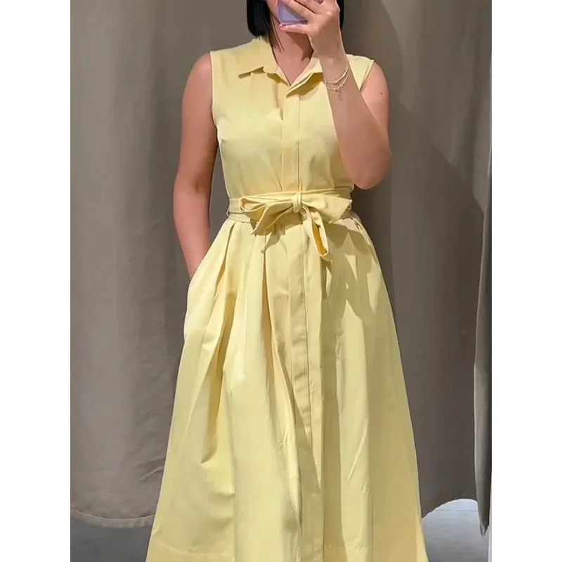 우아한 노란색 민소매 셔츠 드레스 옷깃 버튼 디테일 레이스 업 플리츠 롱 스커트 여름 패션 숙녀 통근 스타일