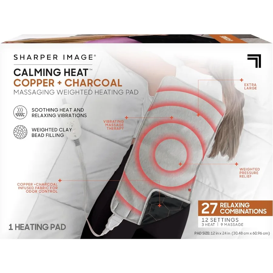

Calming Heat Copper + Charcoal Massaging Heating Pad by Sharper Image- Weighted Electric Heating Pad with Vibrations Auto Off 1