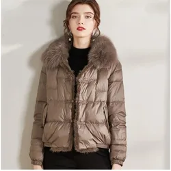 2024Real Fox Fur Collar Winter Women White Duck Down Jacket Ladies Short Warm Puffer Coat Female Loose Vintage Parka Outerwear