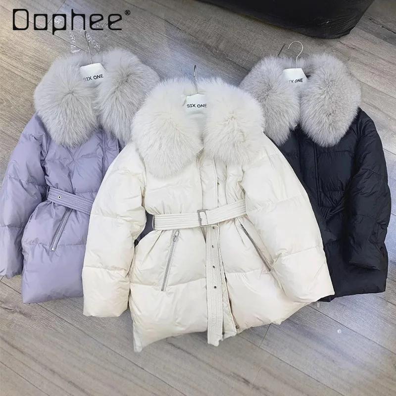 

Winter New Large Fur Collar Fox Fur Hooded Slim Mid-Length Down Jacket for Women Korean High-End Fashion Thickened Warm Coat