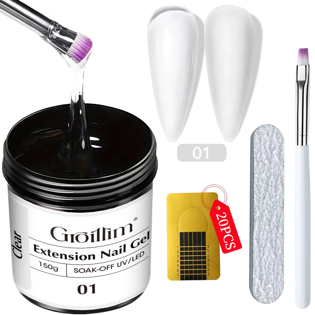 

4-piece set, 150g creamy gel nail extension (includes nail file, brush, and nail tips). Clear white, nude, and pink shades. Remo