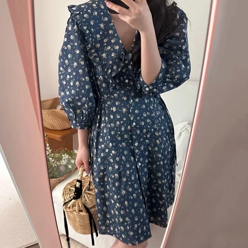 Chic été Vintage Anti-âge col de poupée côté cravate taille minceur bulle Sve imprimé fleuri Dr femmes coréennes Sle haut...