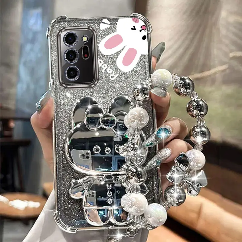 Airbag Glitter Mirror Rabbit Phone Holder Case On For Samsung Galaxy Note 10 20 Ultra Plus Note20Ultra 5G Anti-knock Stand Cover