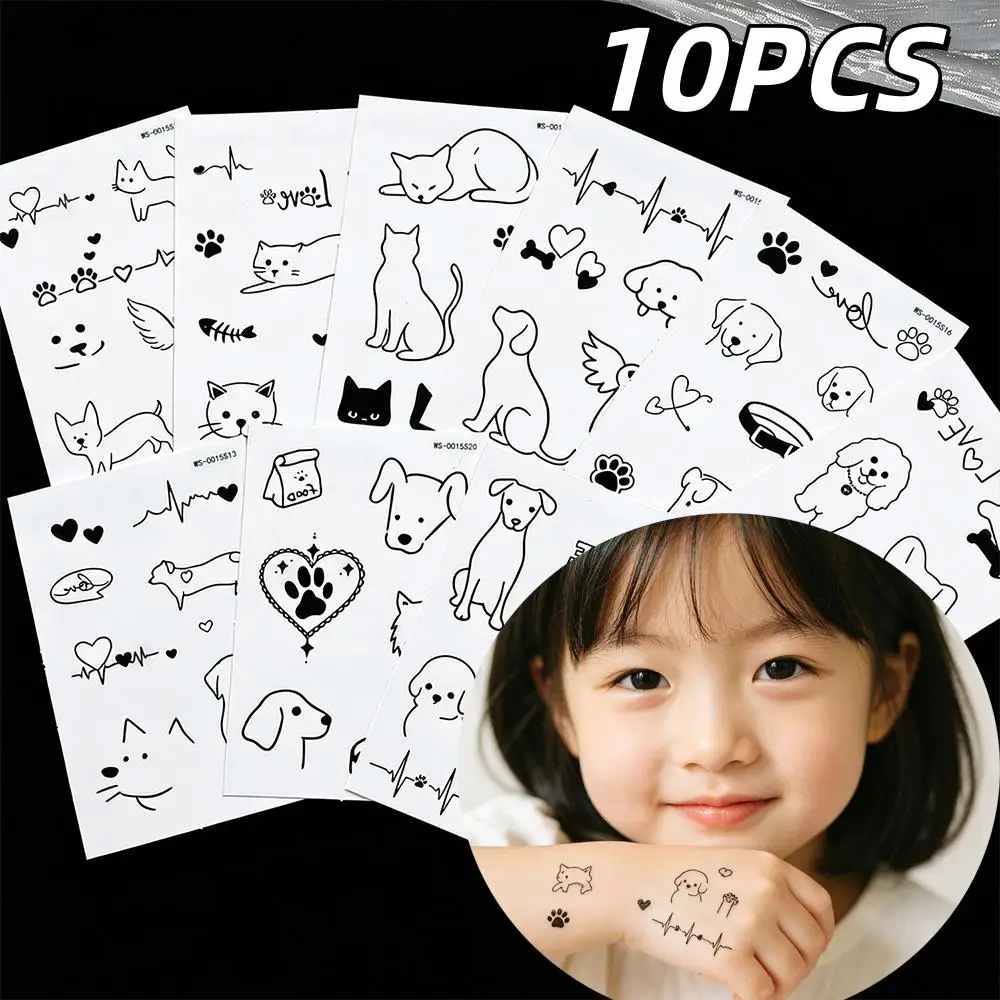 10 autocollants de tatouage temporaire pour chat et chien, lignes fines noires, motif patte, ligne de rythme cardiaque, faux tatouages pour chiot, chaton, corps, poignet, main