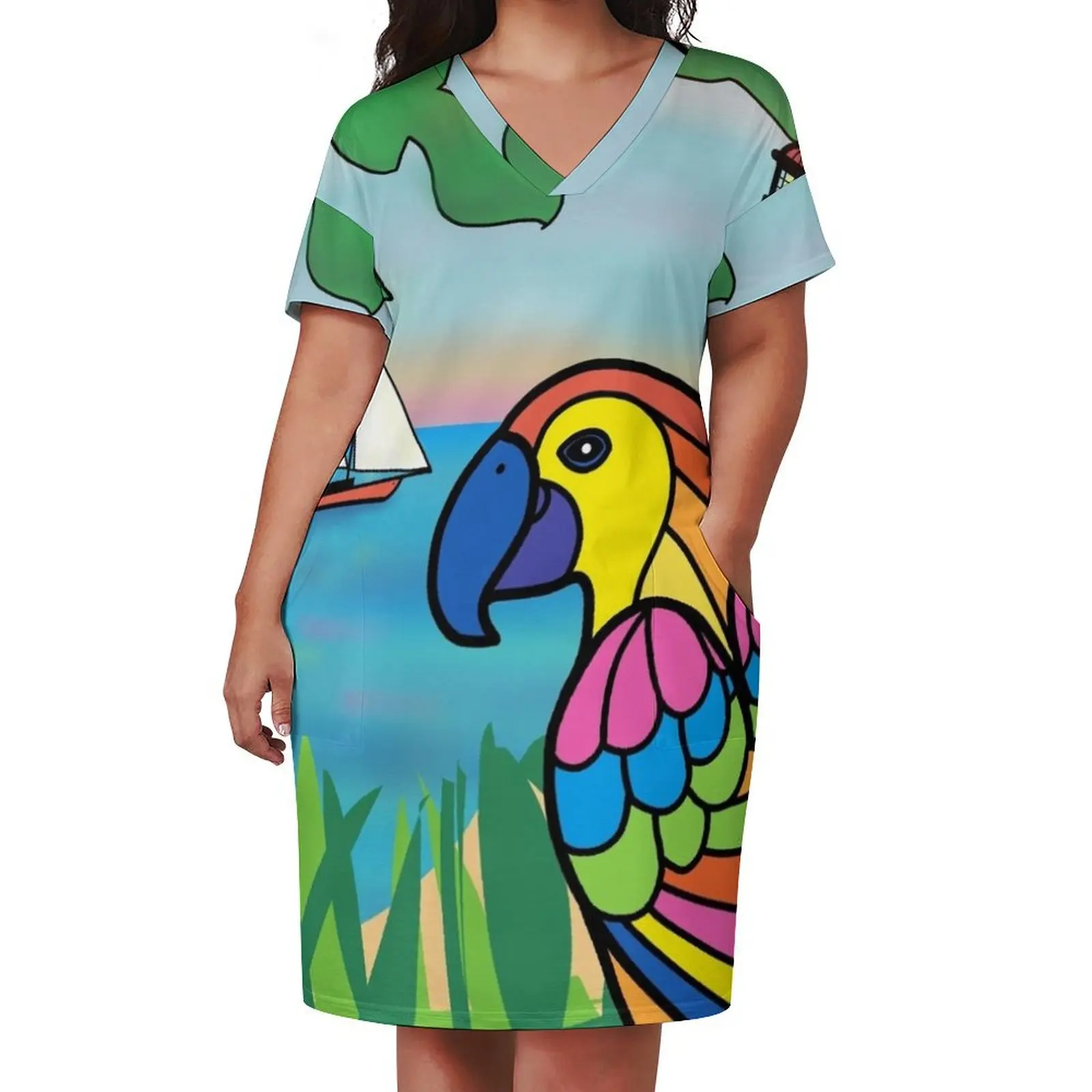 Parrot Cove - Camisa direita Vestido de bolso solto vestido de verão feminino 2025 roupas femininas