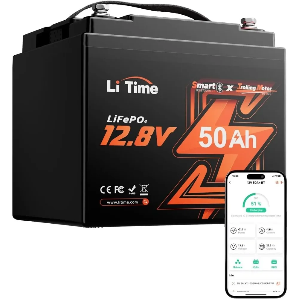

2 упаковки, 12 В, 50 Ач, литиевая батарея для троллингового двигателя LiFePO4, Bluetooth, морская батарея глубокого цикла 4000+, с защитой от низких температур