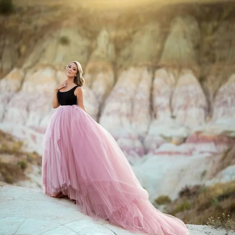 Imagem -05 - Saia de Trem Longo Rosa Empoeirado Feminino Saia Maxi Cheia de Tule Cintura Elástica Dividida Saias de Festa de Casamento Mulheres