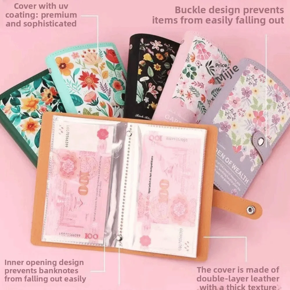 Carpeta de Cuero para Ahorro de Dinero, Cuaderno de Presupuesto Impermeable, Carpeta Reutilizable con Diseño Floral para el Reto de Ahorro