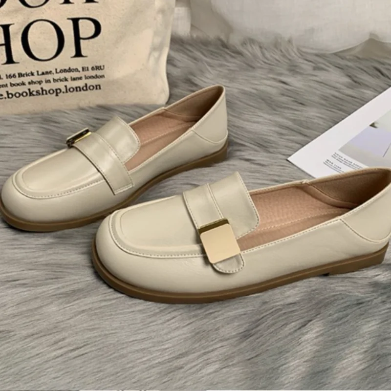 Women's Flat Shoes Apricot Small Leather Shoes 2024 New Platform Loafers Ladies Fashion and Comfortable Work Shoes Zapatos