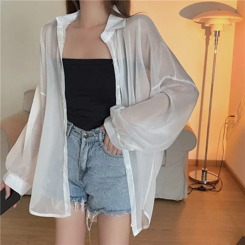 Glossy See Through Shirt for Women Blouse Long Sleeve Lightweight Sheer Organza Tops Ladies Casual Summer Cover Up Outfit