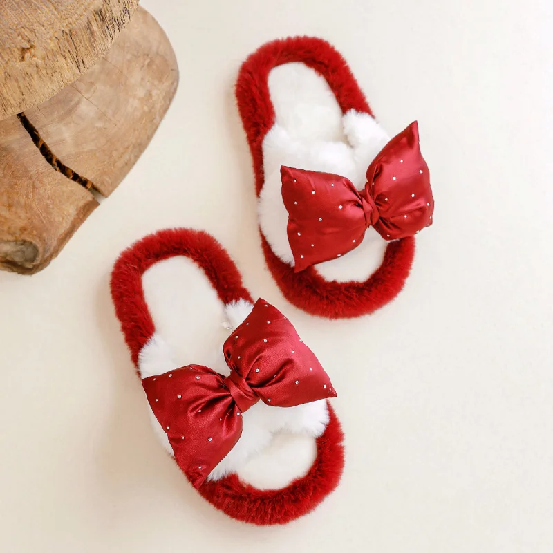 

Женские зимние нечеткие тапочки с бантом из стразов, уютная домашняя обувь на плюшевой флисовой подкладке, нескользящие теплые домашние сабо