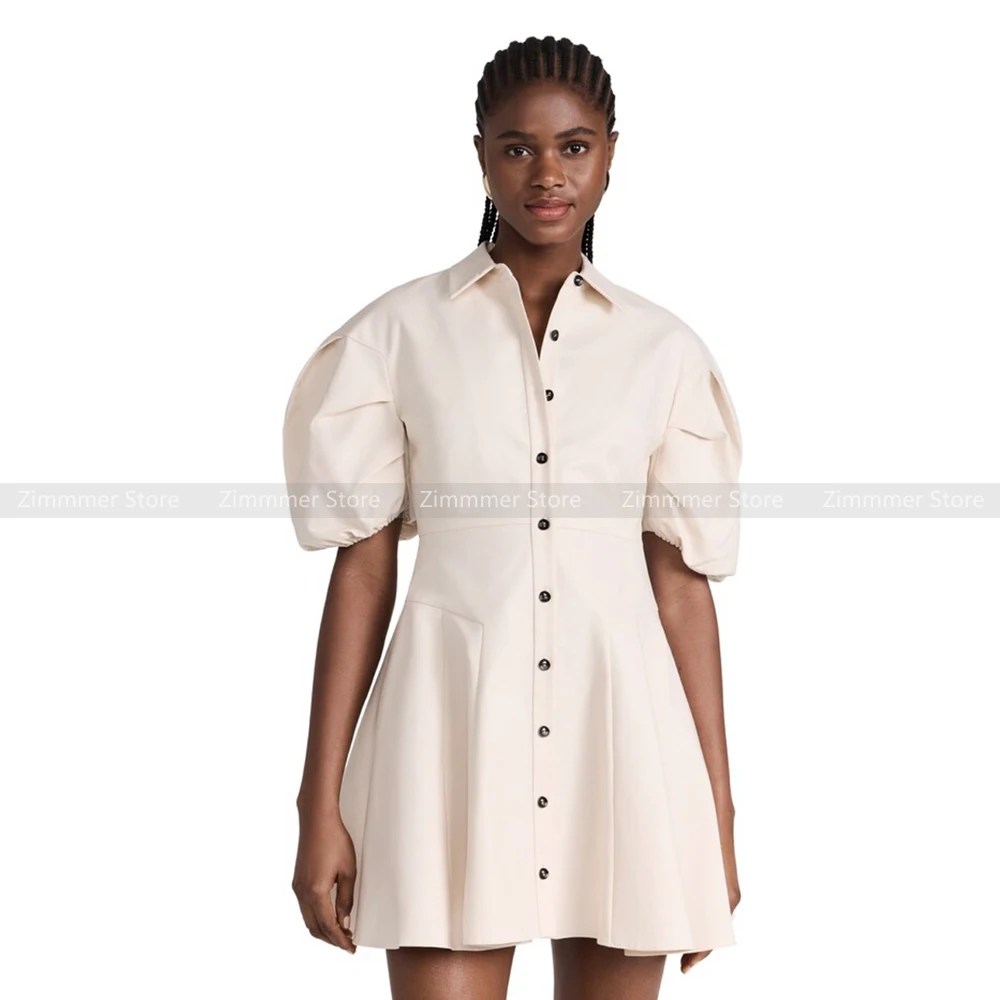 Niche Design Retro Style Lapel Shirt Dress 24 Summer New Bubble Sleeve Short A-line Dresses