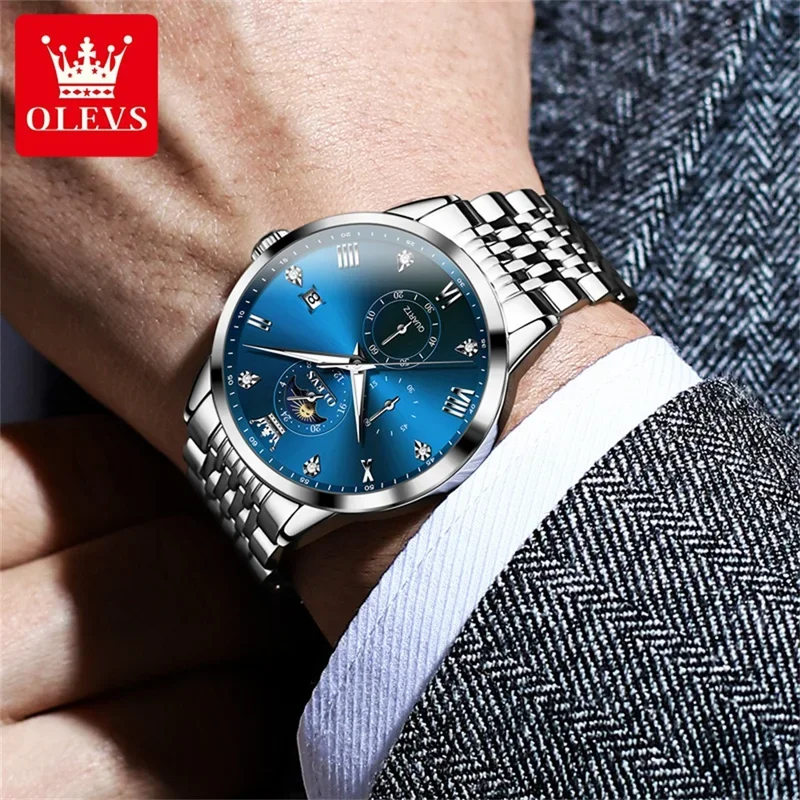 OLEVS 2925 Moon Phase Quartz Watch Men Date Roman Scale Waterproof Hand Clock Luminous Luxury Business Man Watches