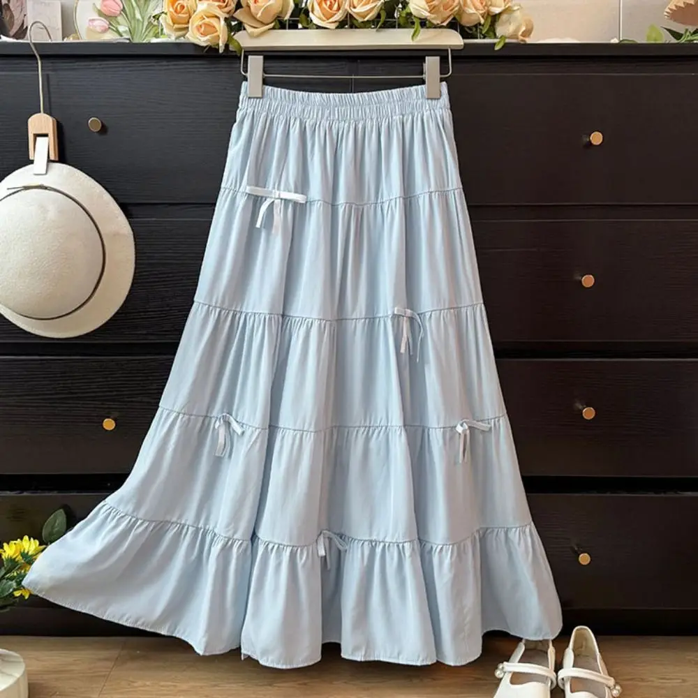 

Bowknot Tiered Midi Skirt Pleated Hight Waist Long Cake A-line Skirts Solid Color Korea Style Seven Point Long Dress Chic