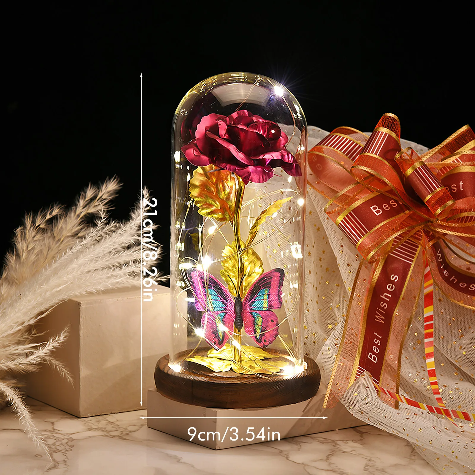 

Wedding LED Luminous Gold Foil Flower Butterfly Rose Eternal Flower With Lights In Dome With Solid Wood Base Decor Christmas