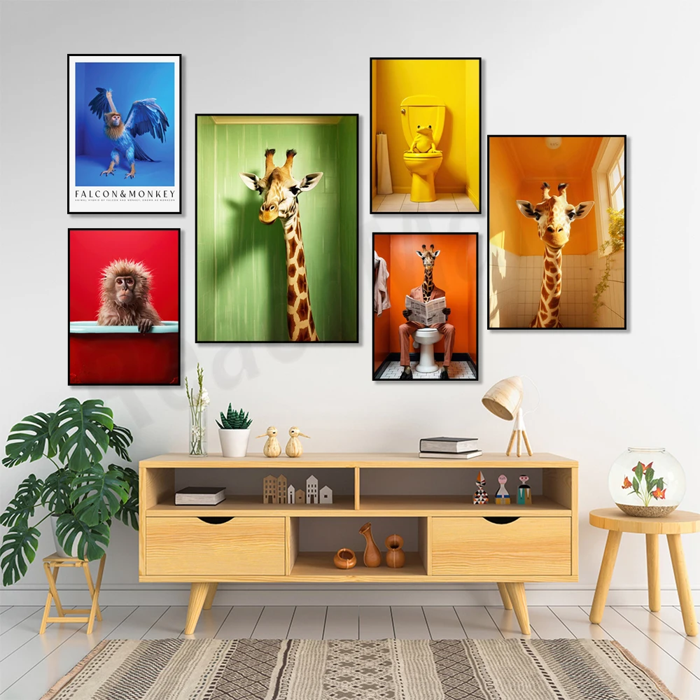 Falcon and monkey crossbreed, monkey bath time, frog, giraffe solarium, fun bathroom decor, toilet poster, whimsical art