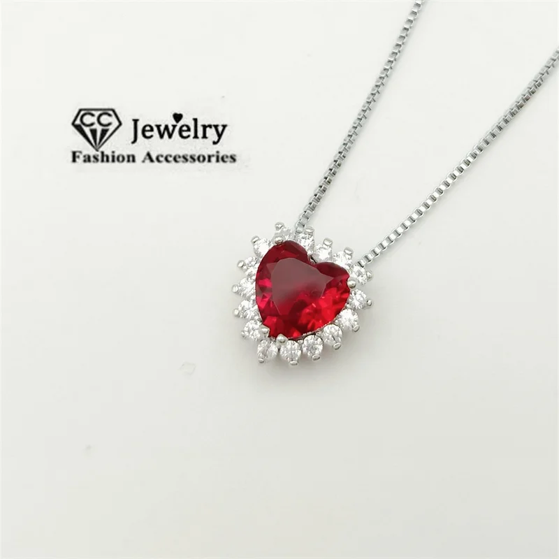 CC Heart Necklaces For Women Red Zirconia Stone White Gold Plated Love Pendant Fashion Accessory Fine Jewelry Colar CCN752