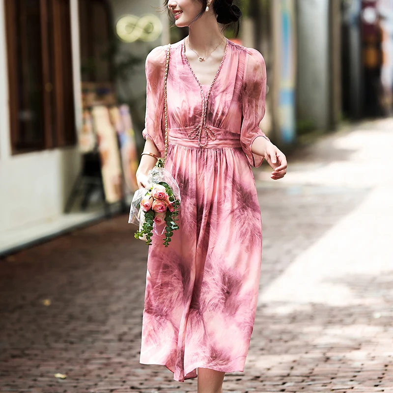 

Новые элегантные платья из 100% натурального шелка для женщин, с рукавом три четверти, V-образным вырезом, стразами, высокой талией, принтом, длинное женское платье А-силуэта