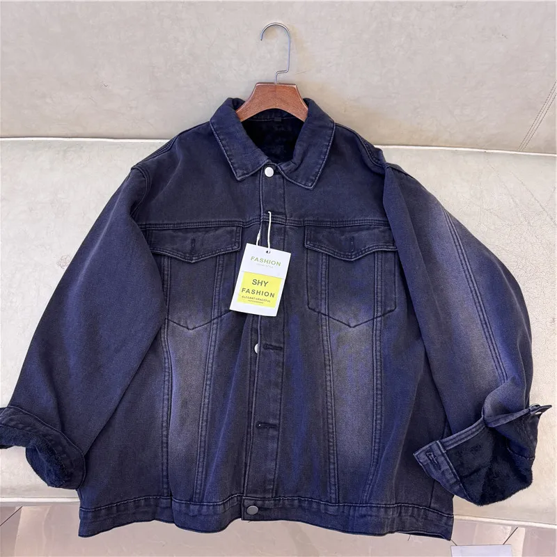 

Джинсовое пальто с капюшоном из меха, плюшевое женское осеннее облегающее пышное пальто в консервативном стиле, школьное лоскутное плиссированное двубортное пальто с вышивкой на каждый день