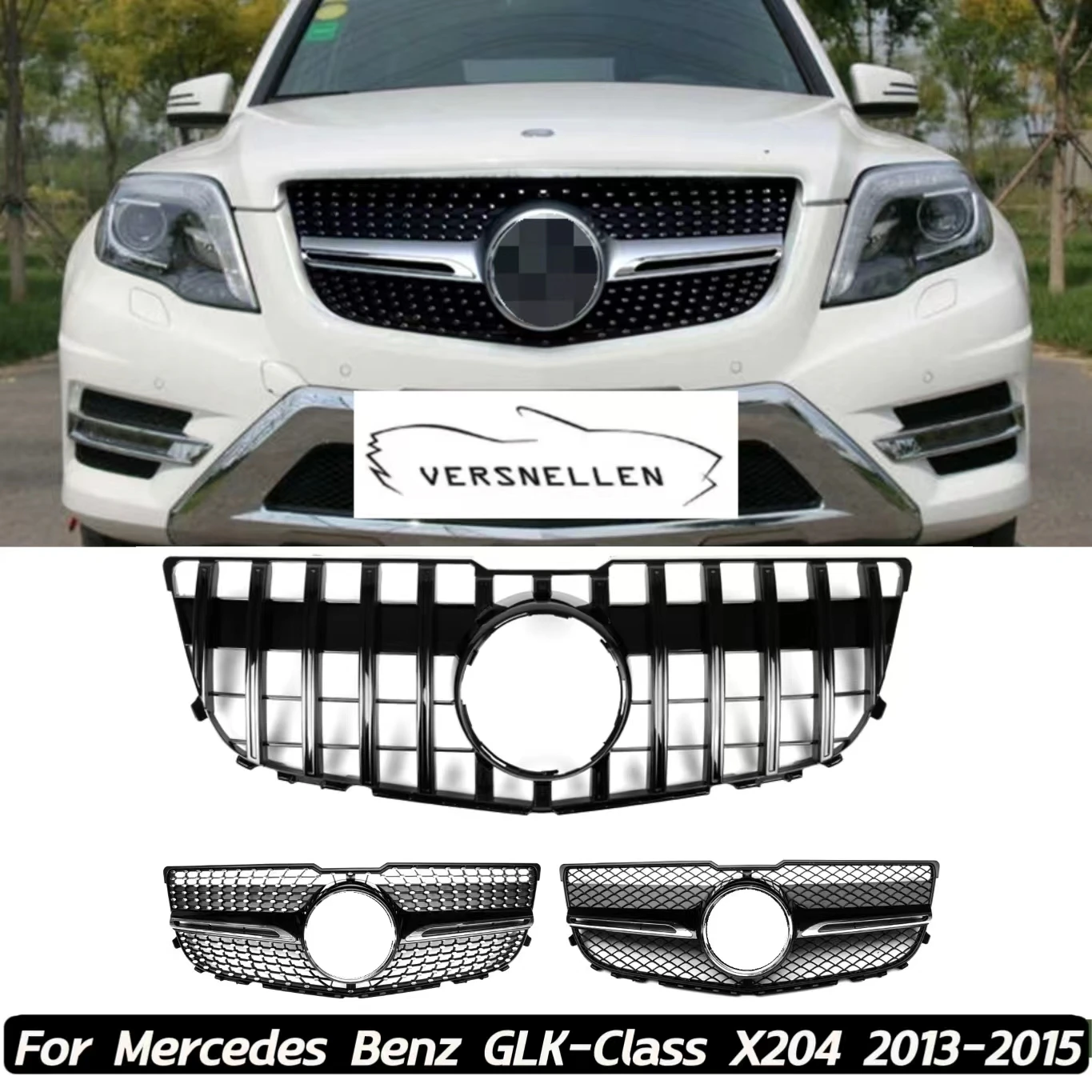 

Глянцевая черная решетка бампера GTR для Mercedes Benz GLK X204 GLK250 GLK300 GLK350 2013-2015, хромированная решетка с бриллиантами