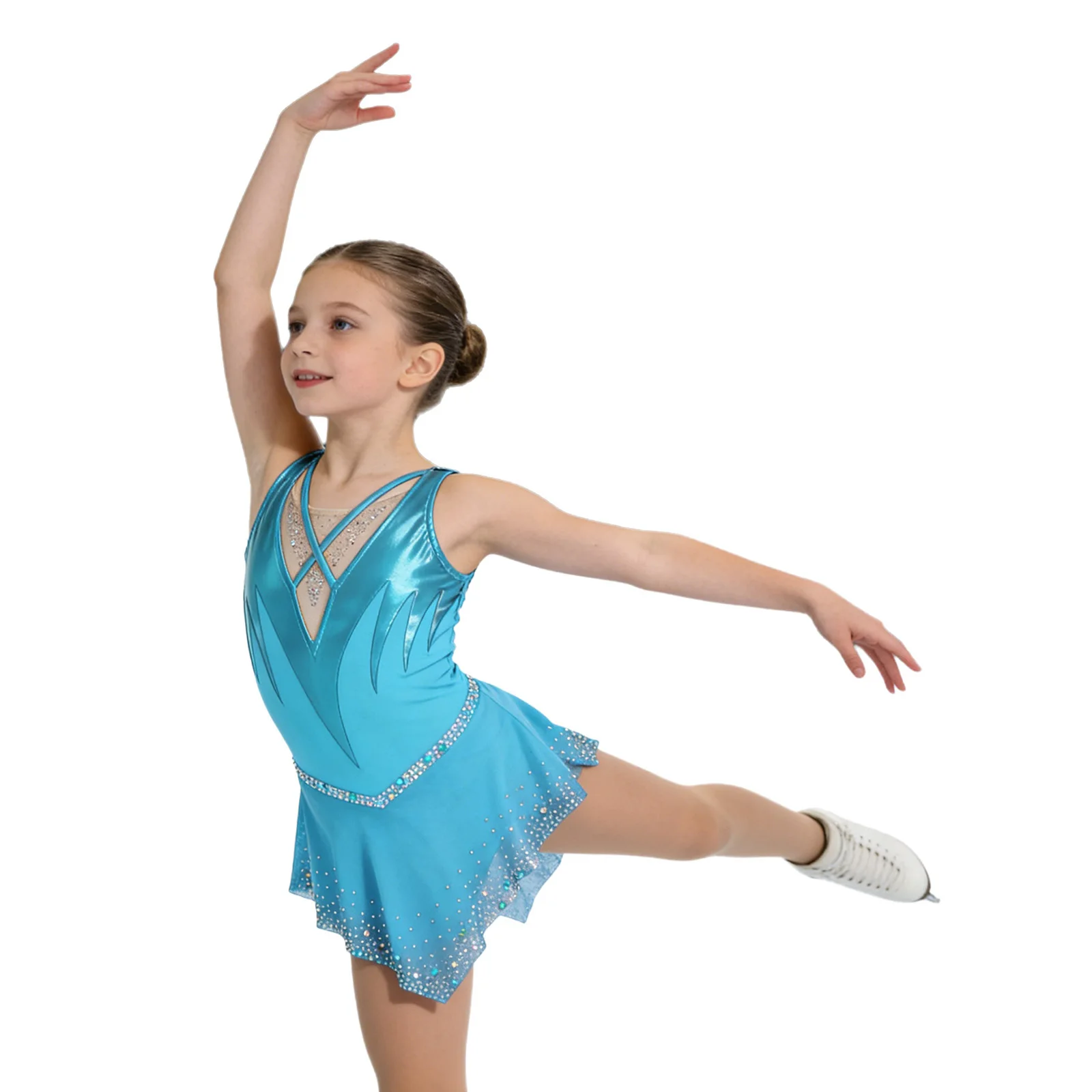 

Детское платье для фигурного катания для девочек, костюм для художественной гимнастики, без рукавов, с блестящими стразами, сетчатое, балетное трико, танцевальный купальник-туту