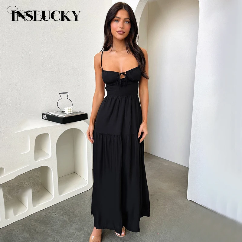

InsLucky Sexy Backless Bandage Spaghetti Strap Midi Dresses For Women Square Collar Sleeveless Folds A Line Long Dress Solid