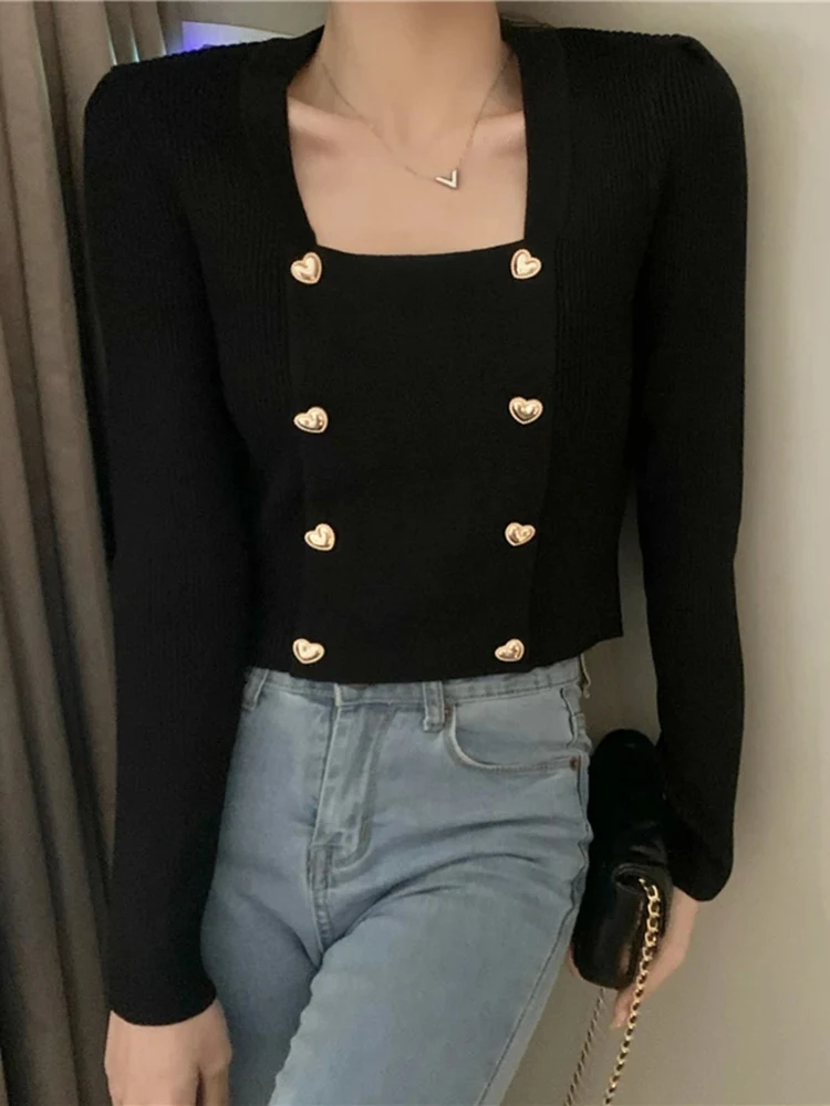 Short Square Collar Crop Top Knitted Sweater Women Korean Clothes Love Button Long Sleeve Sweaters 2024 Autumn Winter Pullover