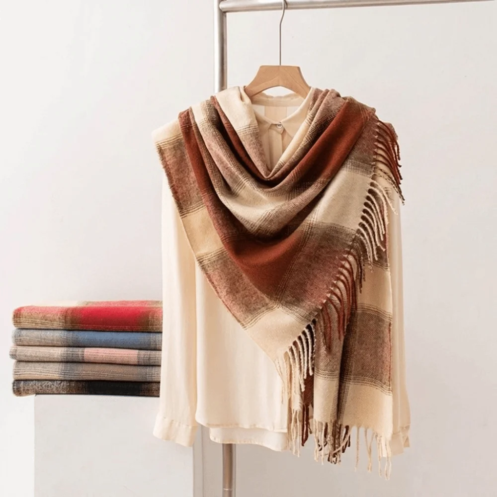 Durable Preppy Style Women's Winter Scarf Cozy Long Preppy Plaid Scarf Soft Tassel Fringe Checkered Shawl Gift Friends