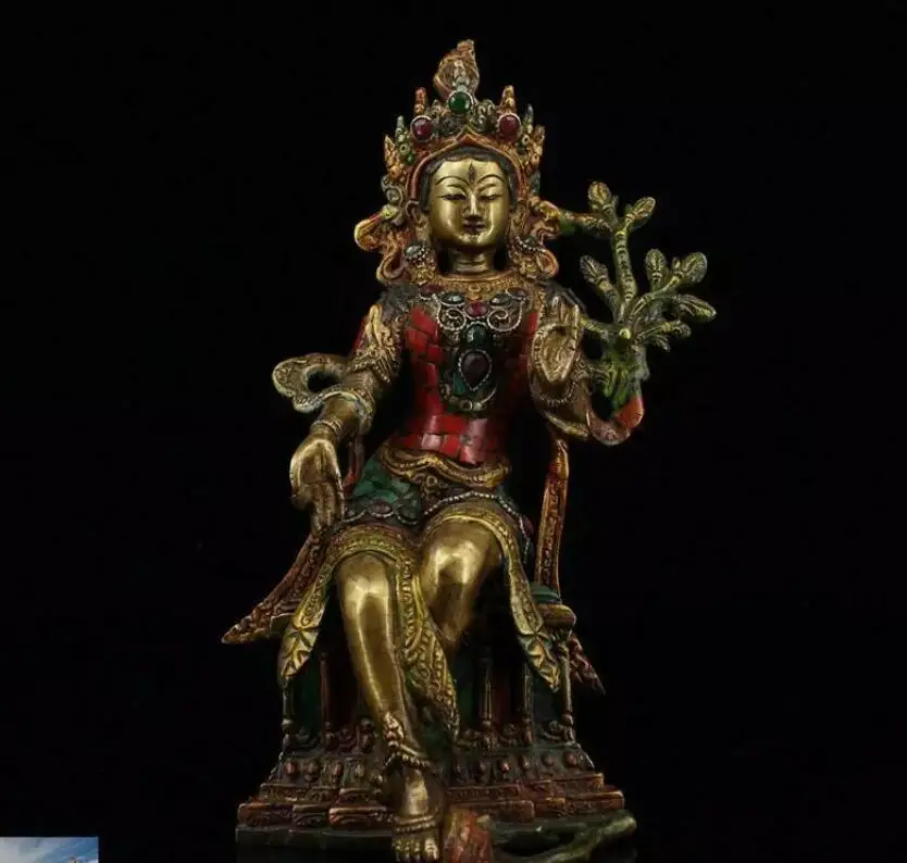 Tibet Buddhism temple bronze Gilt Inlay turquoise gem Tara KwanYin Buddha statue