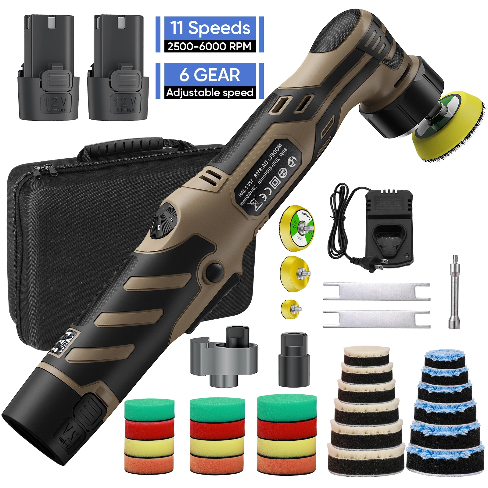 Polisseuse miniature sans fil 12V, 6 vitesses réglables, 3 axes centraux, pour le polissage de voitures et de meubles, avec 2 batteries 2300 mAh