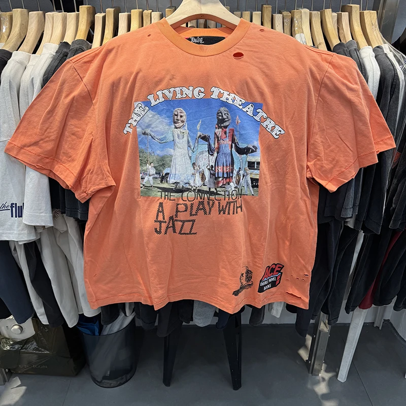 PALY American Retro Life Stage Slogan Orange T-Shirt Hochwertiger Porträtdruck Herren Damen Trendy Kurzarm