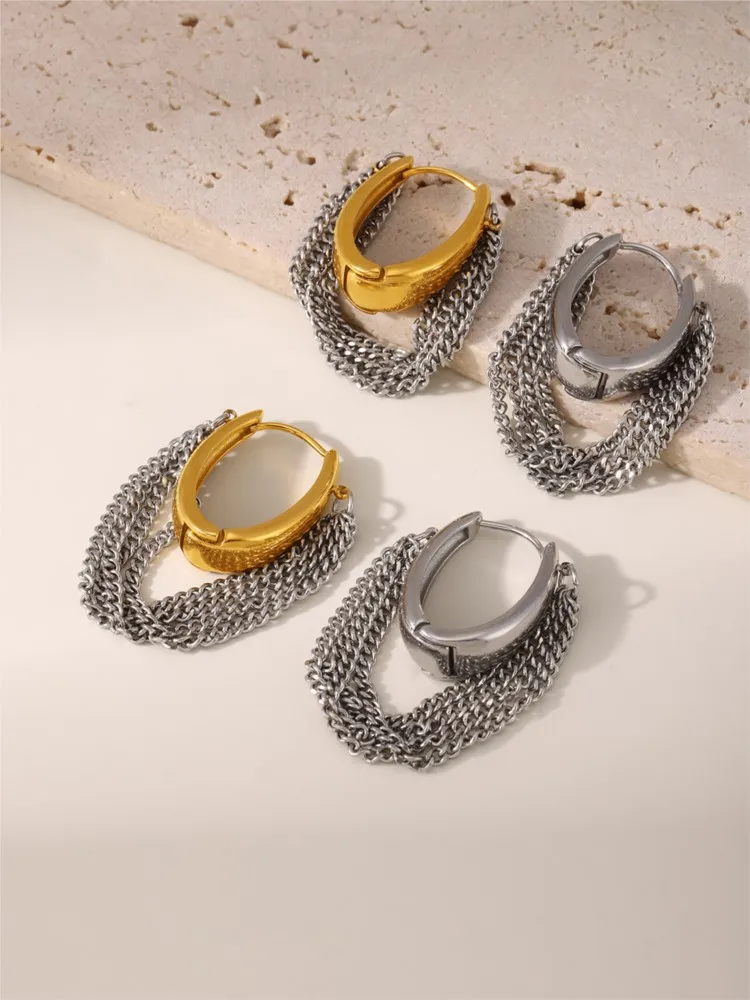 Stainless Steel Hoop Earrings For Women 18k Gold Plated With Multi Silver Color Chain Tassel Women\'s Buckle Hoops Female Earring