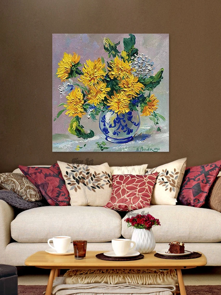 ديكورات الحائط لغرفة المعيشة لوحة سكين زهرة صفراء الحديثة قماش زهرة زهرية النفط اللوحة الفنية صور اليدوية