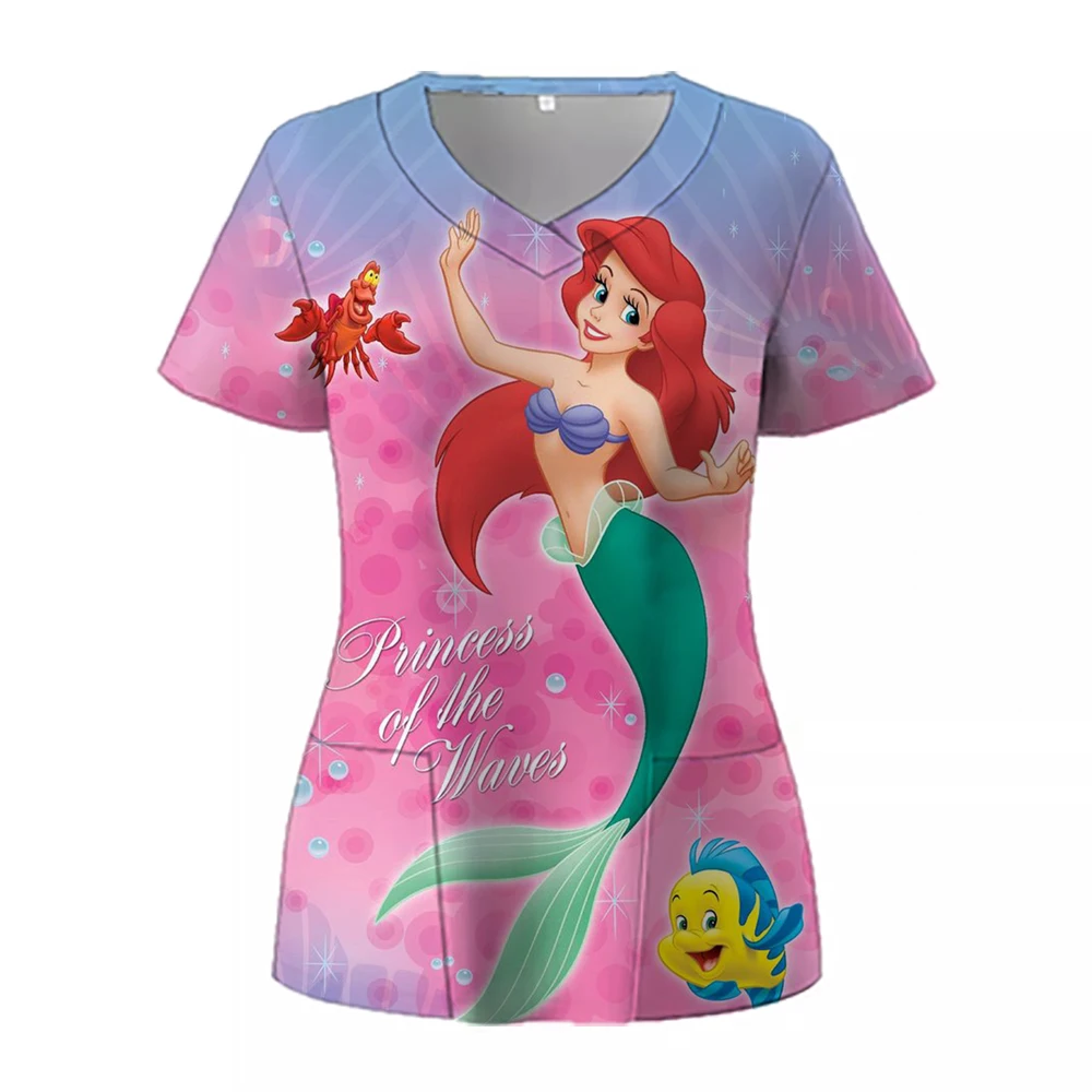 Women Working Uniform Disney Princess Print Frozen Elsa Short Sleeve V-neck Tops Femme Blouse Nurse work wear Medical Uniforms