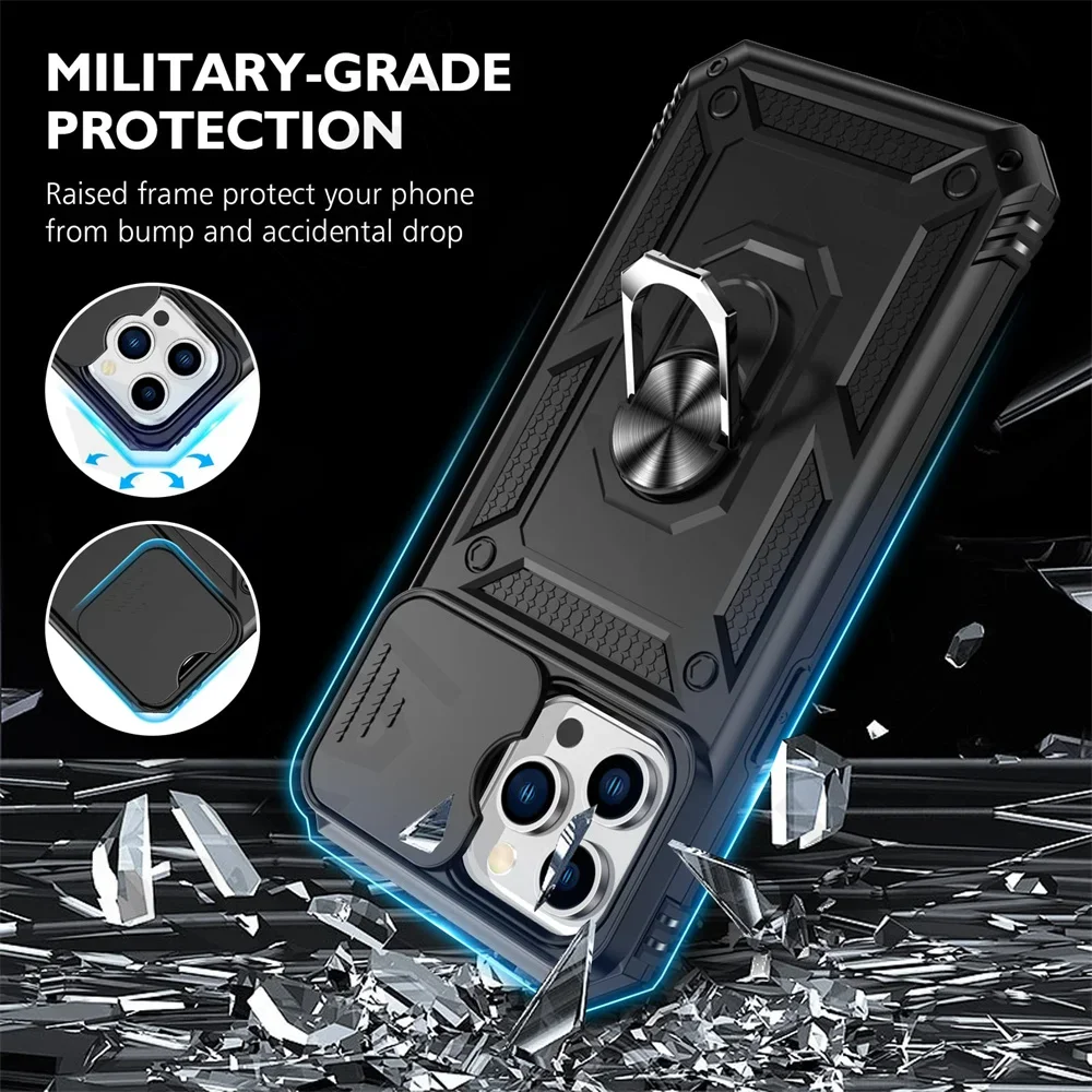 Case for iPhone 16 15 14 13 12 11 Pro Max XS XR 8 7 Plus SE Mini Kickstand with Slide Camera Rugged Military-Grade Drop Cover