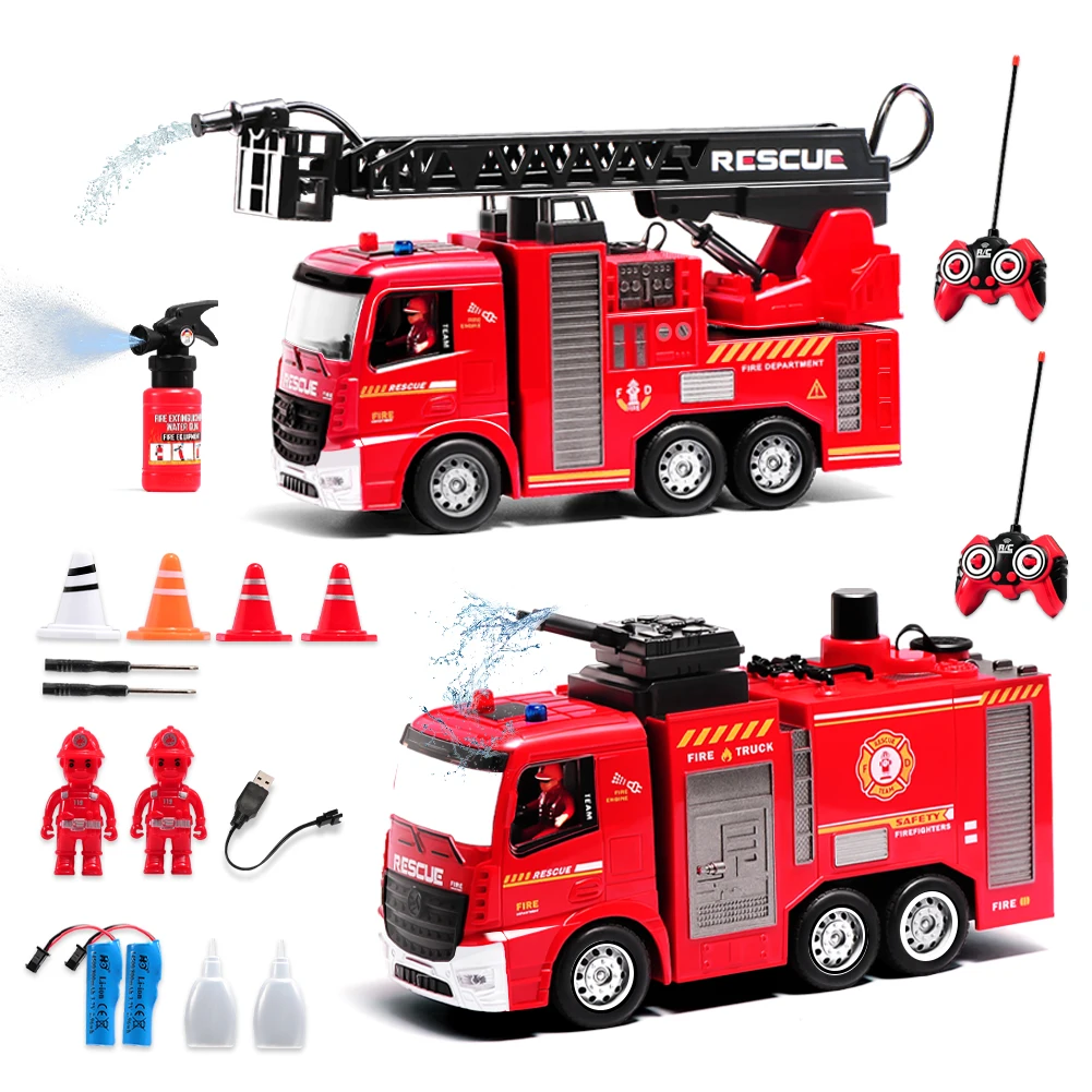 2 em 1 conjunto de controle remoto caminhão de bombeiros brinquedo engenharia veículo de construção com escada resgate alarme luz mangueira bomba água crianças presente