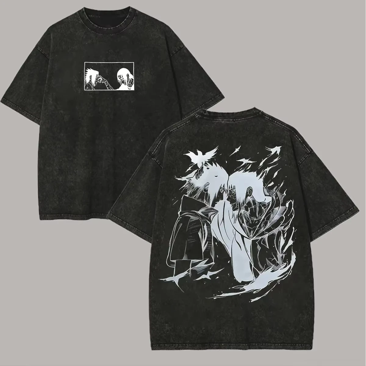 

Футболка с изображением Саске и Итачи, винтажная, с эффектом кислотной стирки, в стиле уличной моды, ретро-аниме, с графическим принтом, мужская, хлопковая, топ