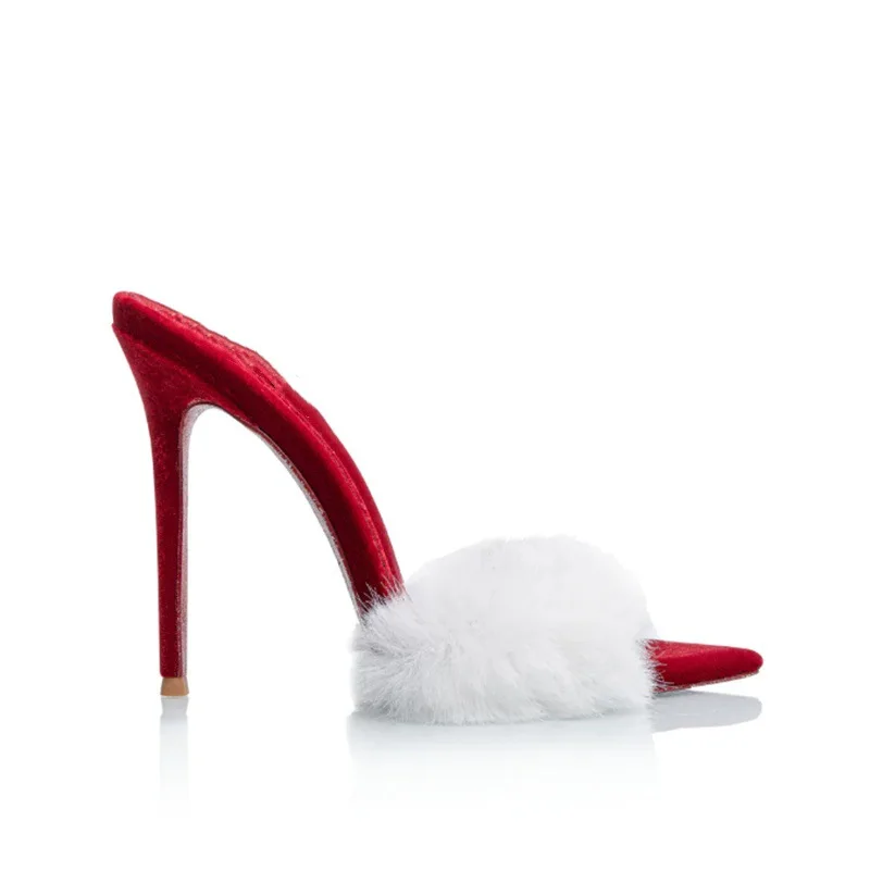 

Spring and summer new pointed fur ribbon sexy fashion slippers thin high-heeled banquet dress customized large-size women sandal