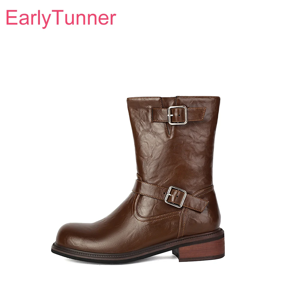 2025 شتاء جديد ناضجة براون الأسود النساء منتصف العجل الأحذية جولة تو ميد كعب مكتب سيدة أحذية عارية زائد حجم كبير 12 43 45 47